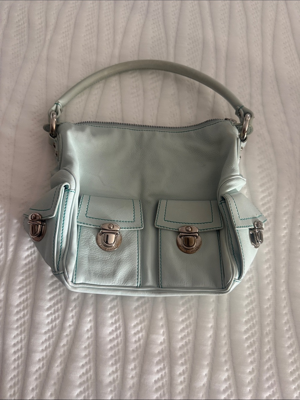 Marc Jacobs Mint Leather Shoulder Bag with Front Flap Pockets